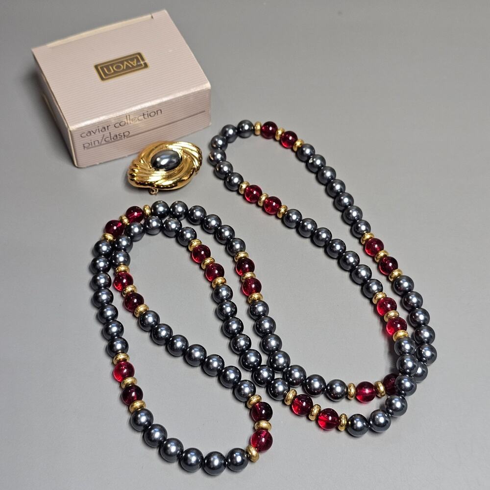 Avon Caviar Collection Necklace & Brooch Pin Red & Gray Beads Goldtone 1988 Vtg